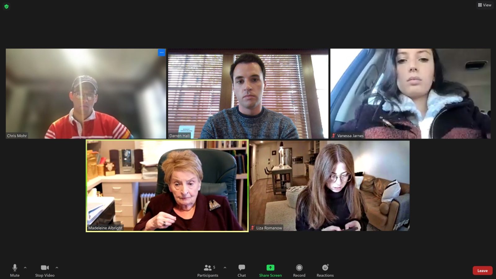 Screenshot of a zoom meeting with the teaching assistants and Secretary Albright
