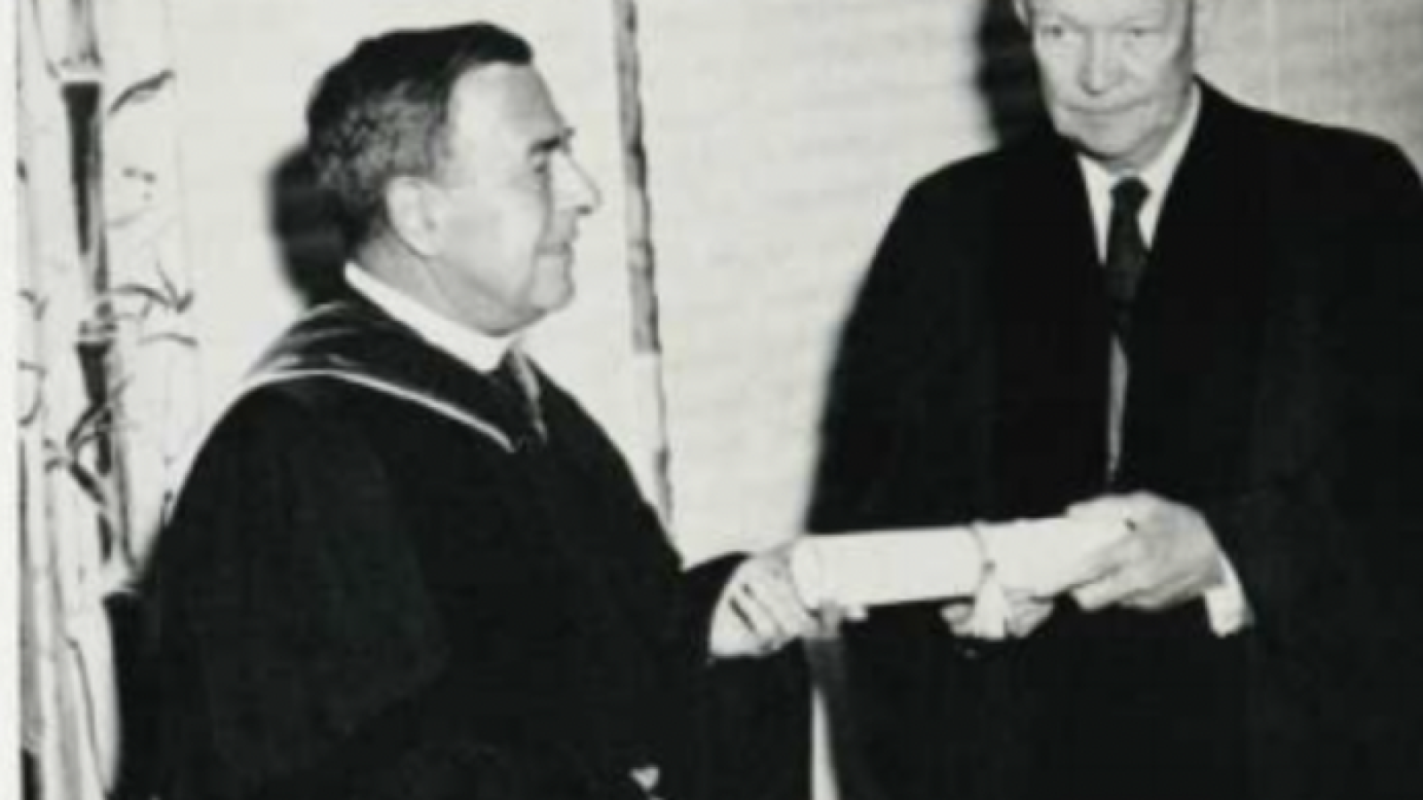 Eisenhower receiving an honorary degree during the dedication of the Edmond A. Walsh Memorial building in 1959.