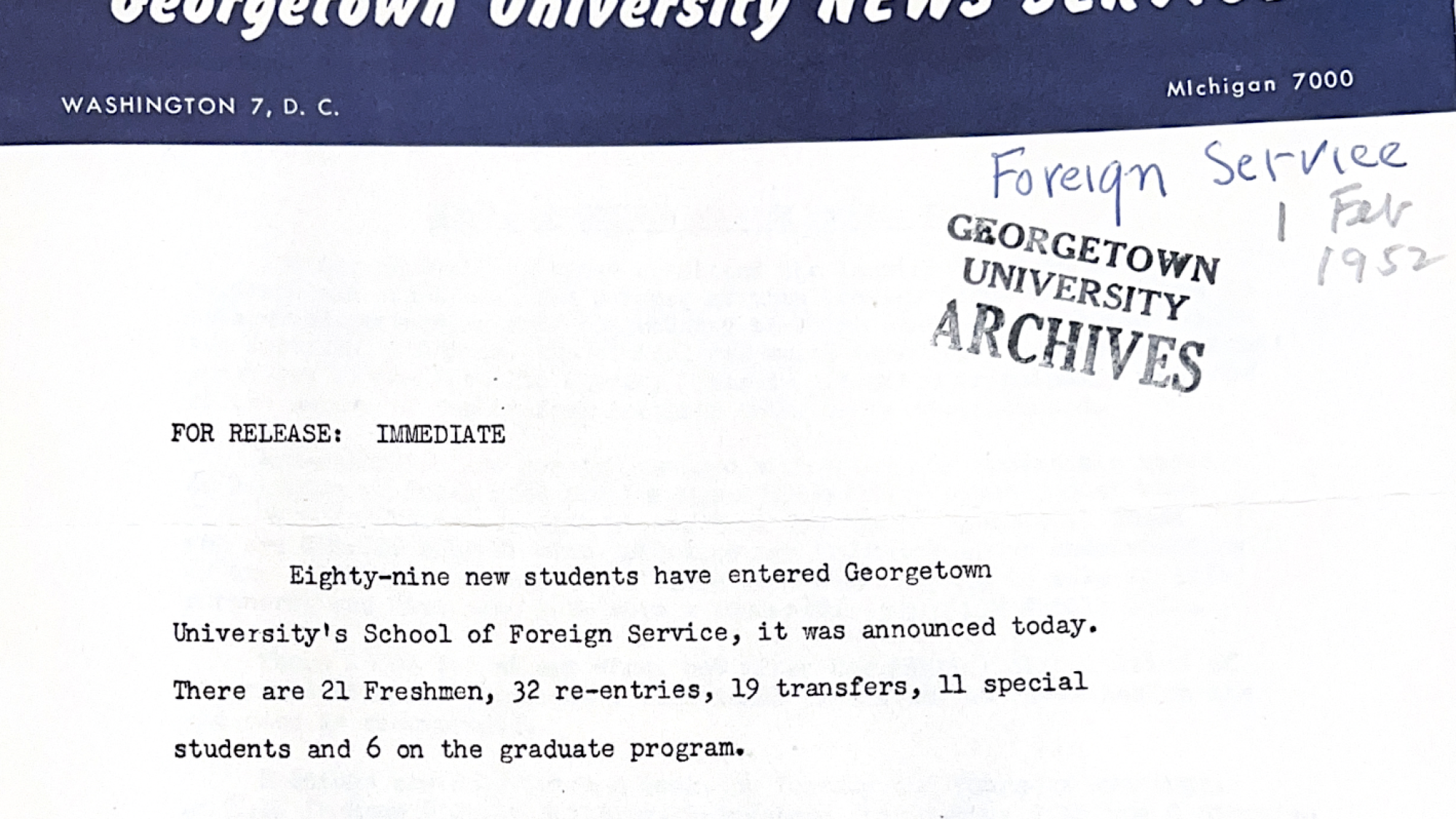 1952 news release with numbers of incoming students