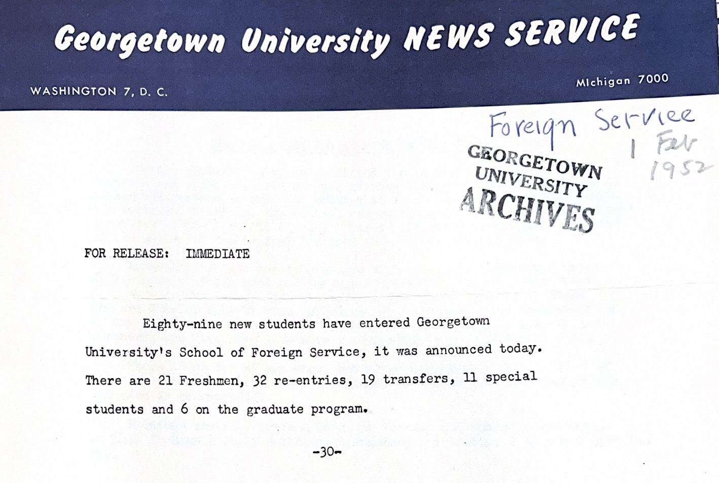 1952 news release with numbers of incoming students 