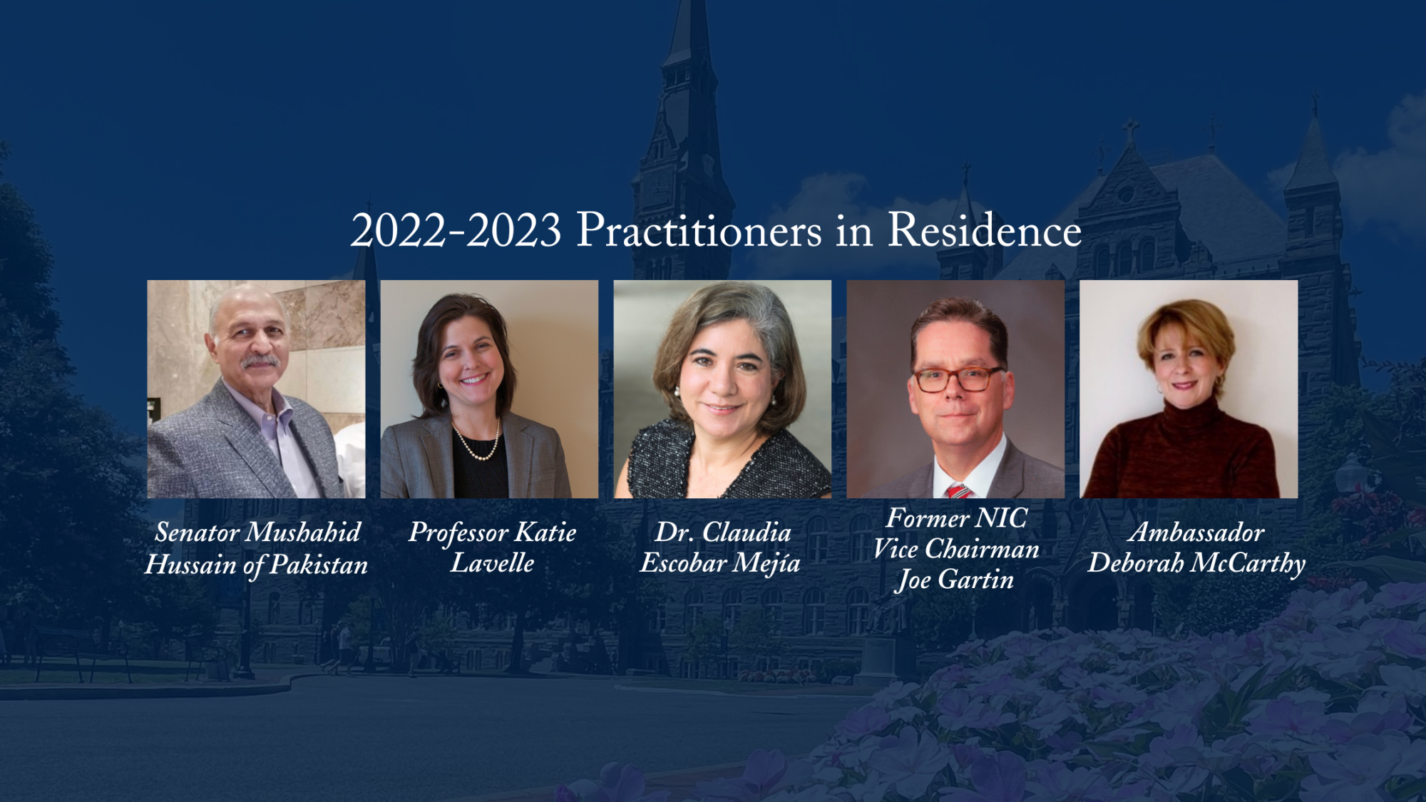 Graphic featuring the photos of the five Practitioners with Healy Hall in the background