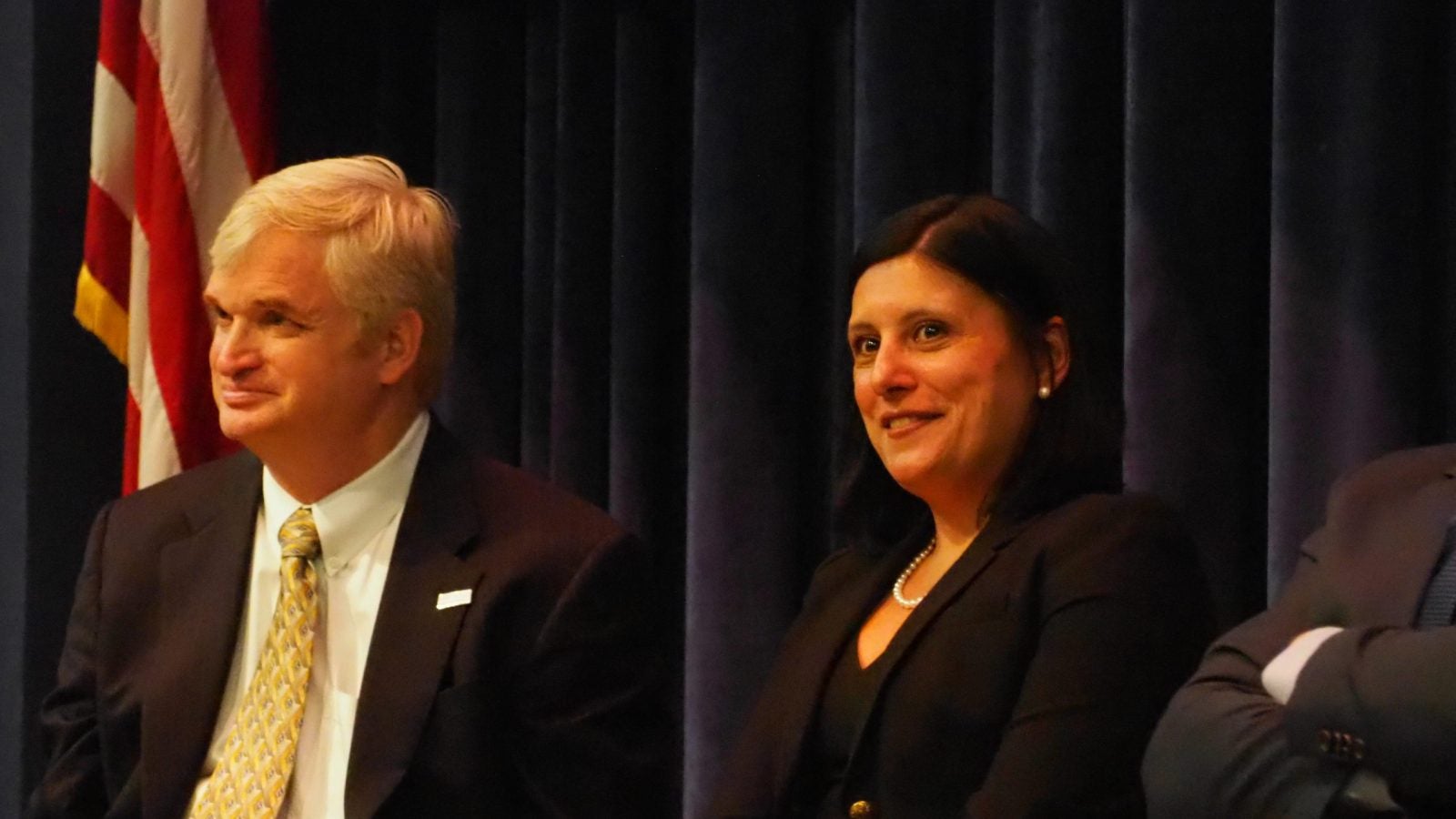 MSFS Director George Shambaugh and Dr. Perera listen intently to a student&#039;s question.