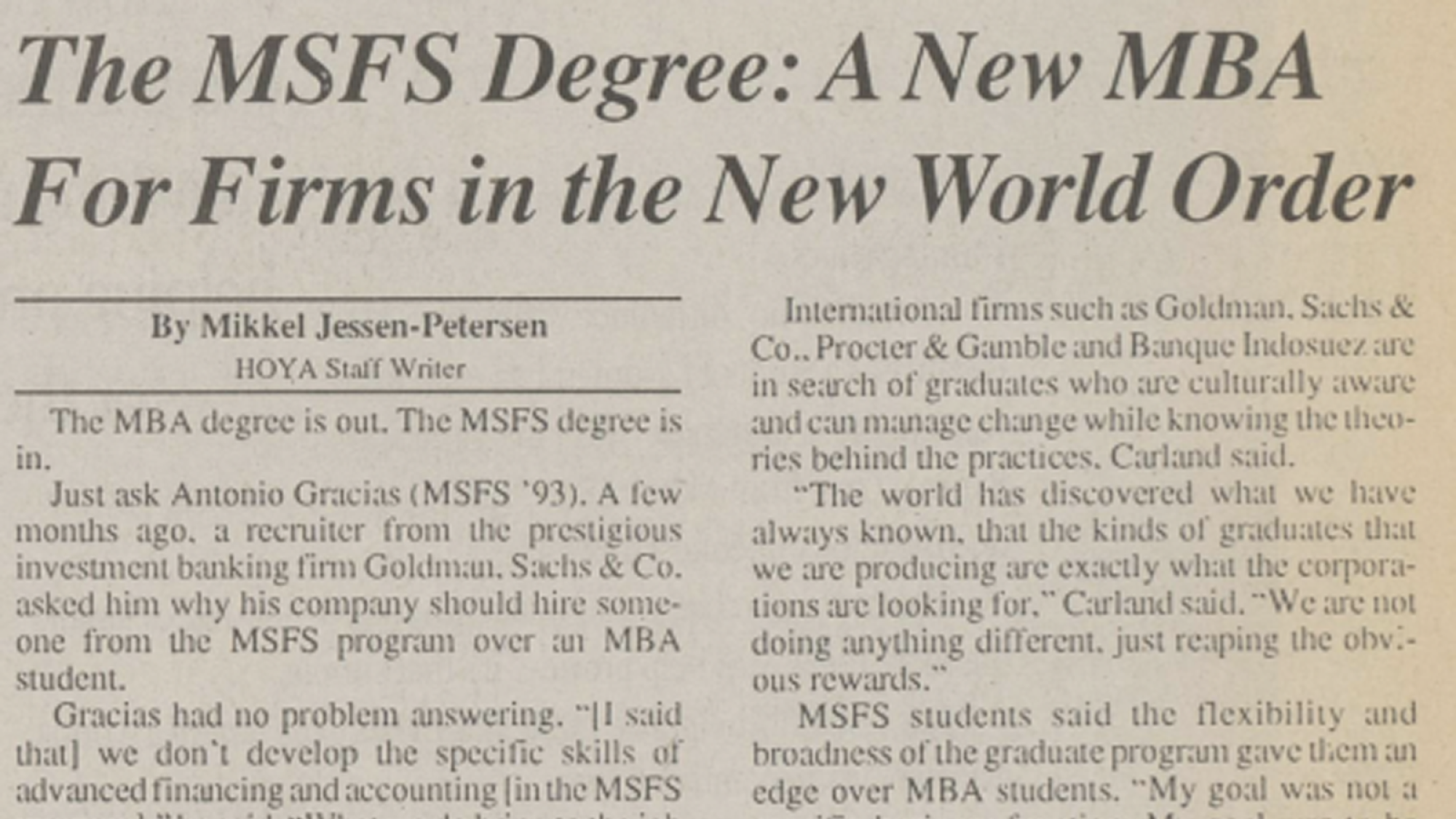 Hoya article on MSFS as New MBA